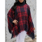 lovely Stylish Grid Print Asymmetrical Red Sweater