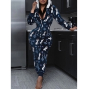 Lovely Casual Hooded Collar Print Dark Blue Sleepw