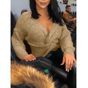 Lovely Stylish V Neck Knot Design Apricot Sweater