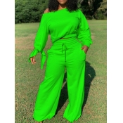 Lovely Casual Lace-up Loose Green Two Piece Pants 