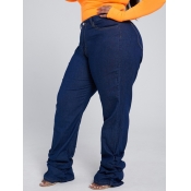 Lovely Casual Fold Design Blue Plus Size Jeans
