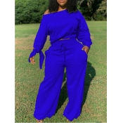 Lovely Plus Size Casual Drawstring Loose Blue Two-