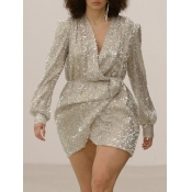 lovely Stylish V Neck Sequined Silver Mini Plus Si