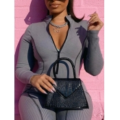 lovely Sportswear Zipper Design Patchwork Grey One