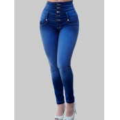 Lovely Casual Buttons Design Deep Blue Jeans