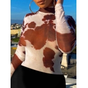 Lovely Plus Size Casual Turtleneck Print Cow Grain