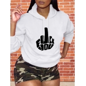 LW Casual Hooded Collar Print White Hoodie