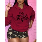Lovely Casual Hooded Collar Letter Print Wine Red 