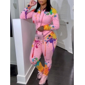 Lovely Trendy Print Zipper Design Pink Two Piece P