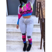 Lovely Casual O Neck Print Grey Two Piece Pants Se