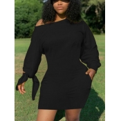 Lovely Casual Lace-up Black Mini Plus Size Dress