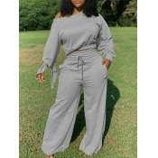 Lovely Casual Lace-up Loose Grey Two Piece Pants S