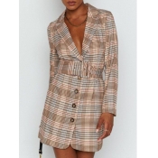 Lovely Stylish Turn-back Collar Grid Print Black A