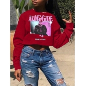 Lovely Casual O Neck Print Wine Red Hoodie