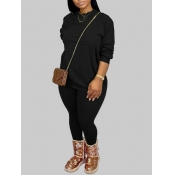 LW BASICS Plus Size Casual O Neck Black Pants Set