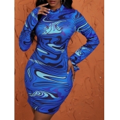 Lovely Casual O Neck Print Blue Knee Length Dress