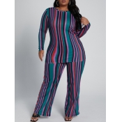 Lovely Casual O Neck Striped Blue Plus Size Two-pi