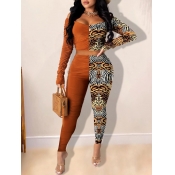 Lovely Trendy Print Patchwork Brown Two Piece Pant