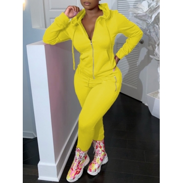 

LW Hooded Collar Zipper Design Tracksuit Pants Set, Yellow