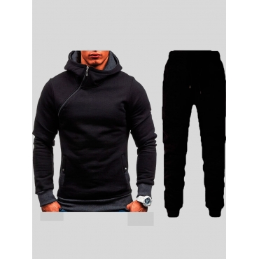 

LW Men Leisure Hooded Collar Zipper Design Black Two-piece Pants Set