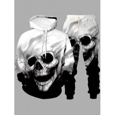 

LW Men Hooded Collar Skull Print Oversized Pants Set, Black