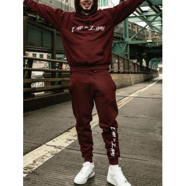 

LW Men Hooded Collar Letter Print Wine Oversized Pants Set, Wine red
