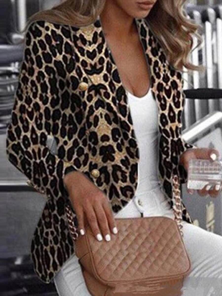 

Lovely Stylish Turn-back Collar Leopard Print Khaki Blazer