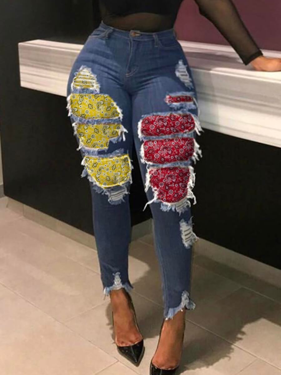 

Lovely Street Patchwork Deep Bue Jeans, Deep blue