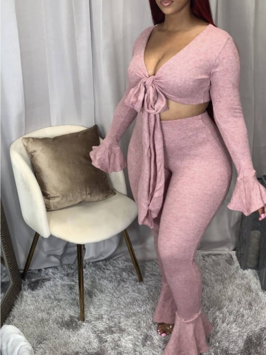 

Lovely Stylish V Neck Lace-up Pink Plus Size Two-piece Pants Set