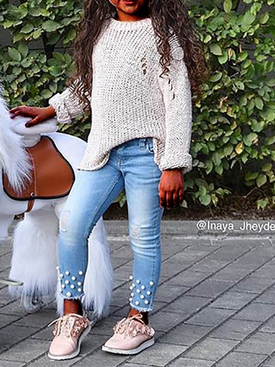

Lovely Street O Neck Broken Holes White Girl Two-piece Pants Set