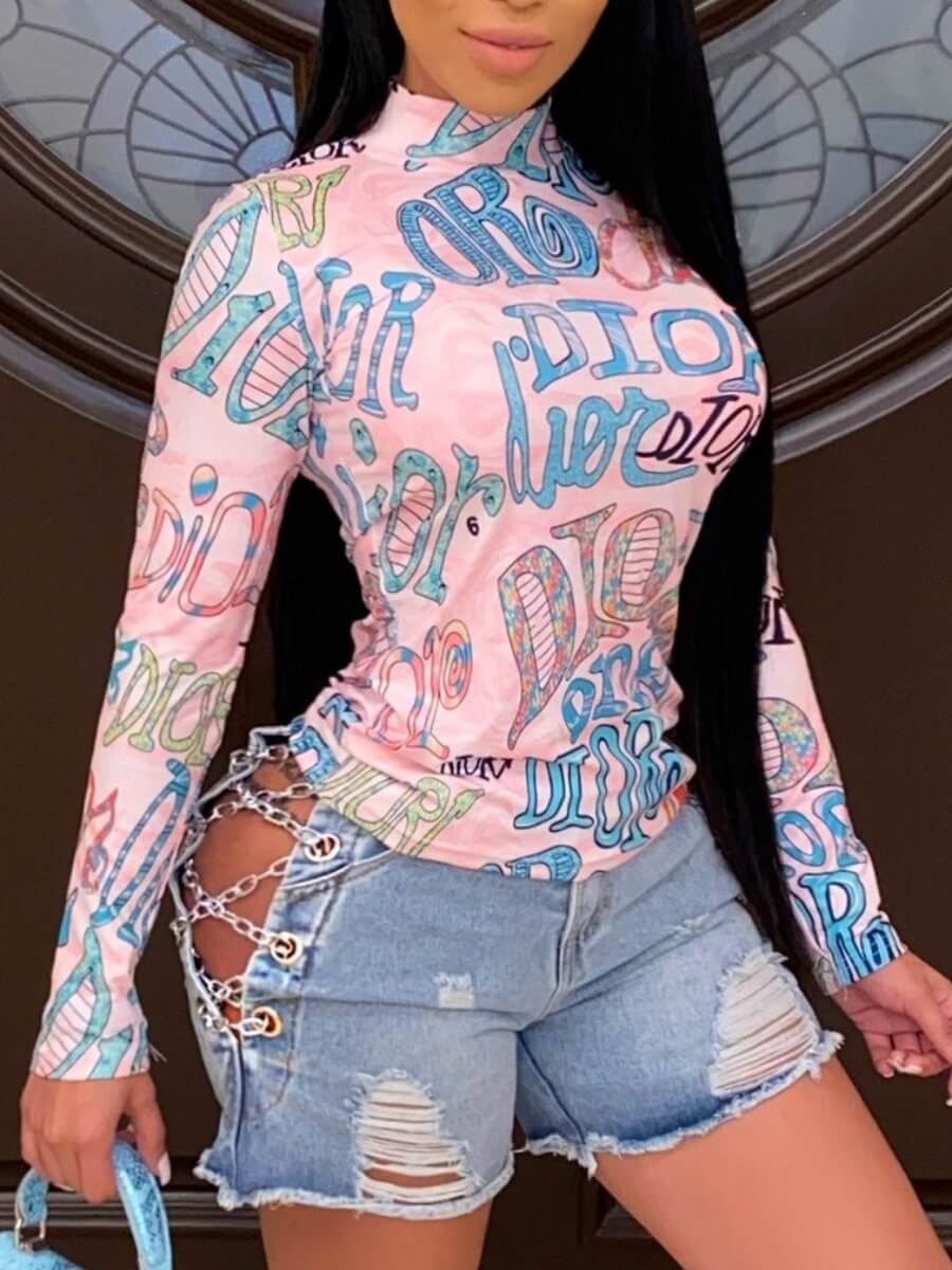 

LW Street Turtleneck Letter Print Pink T-shirt