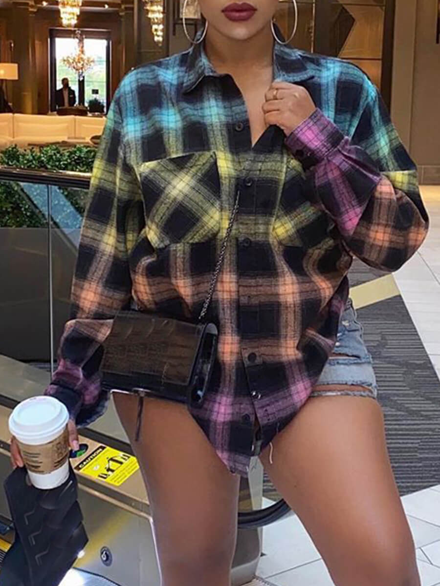 

Lovely Street Turndown Collar Grid Print Multicolor Blouse, Multicolor lattices