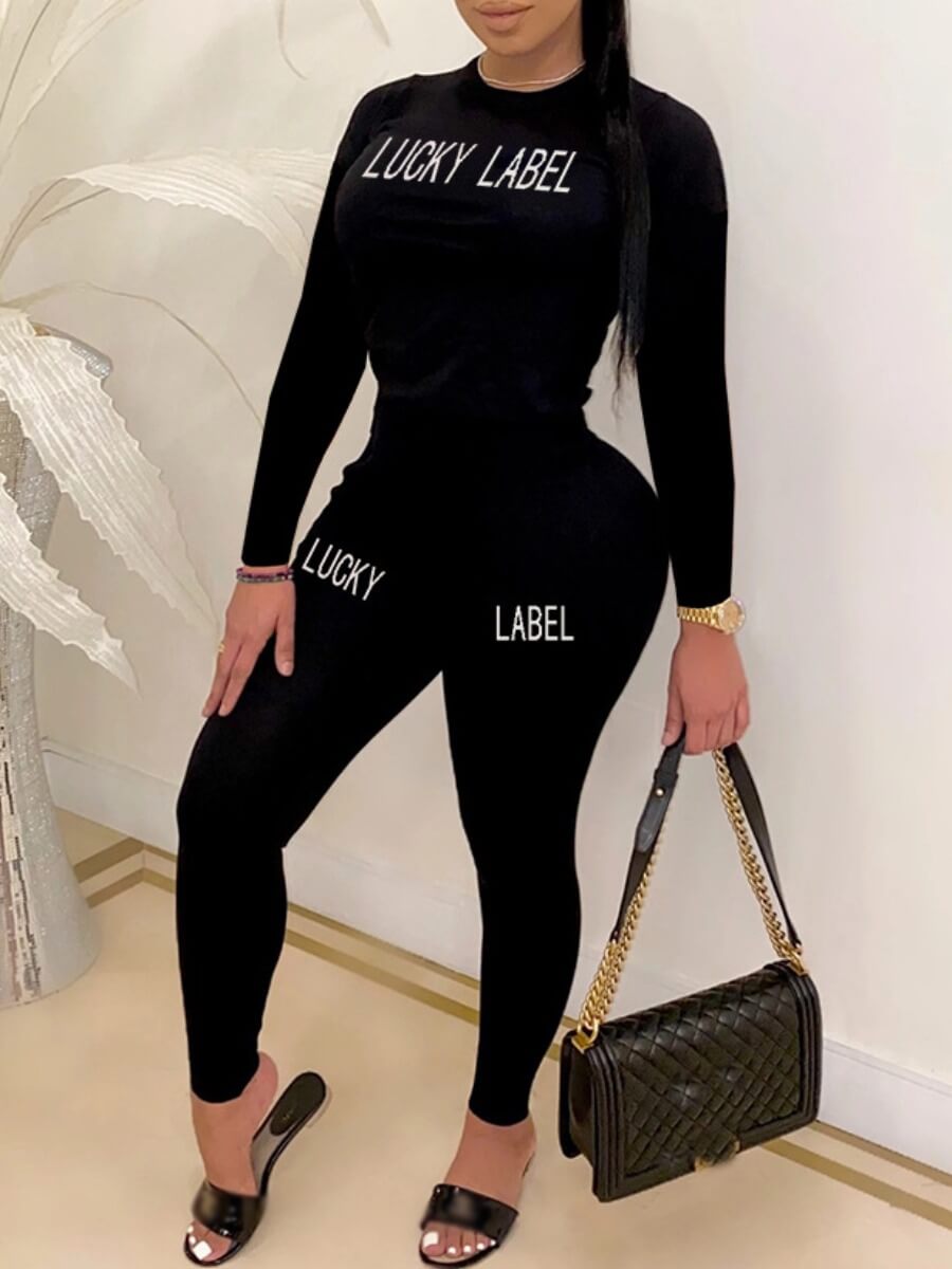 

Lovely Sportswear O Neck Letter Print Black Two Piece Pants Set