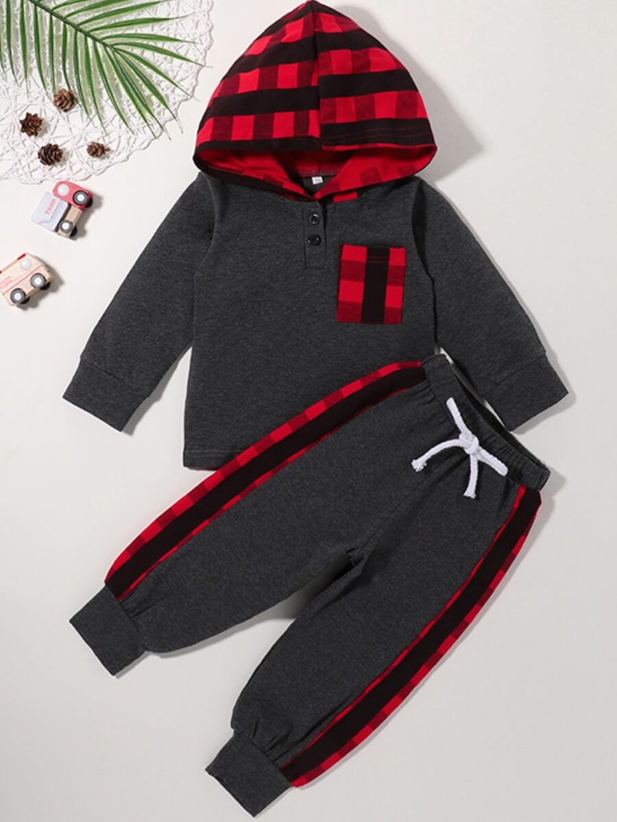 

Lovely Boy Street Hooded Collar Print Black Two-piece Pants Set, Grey