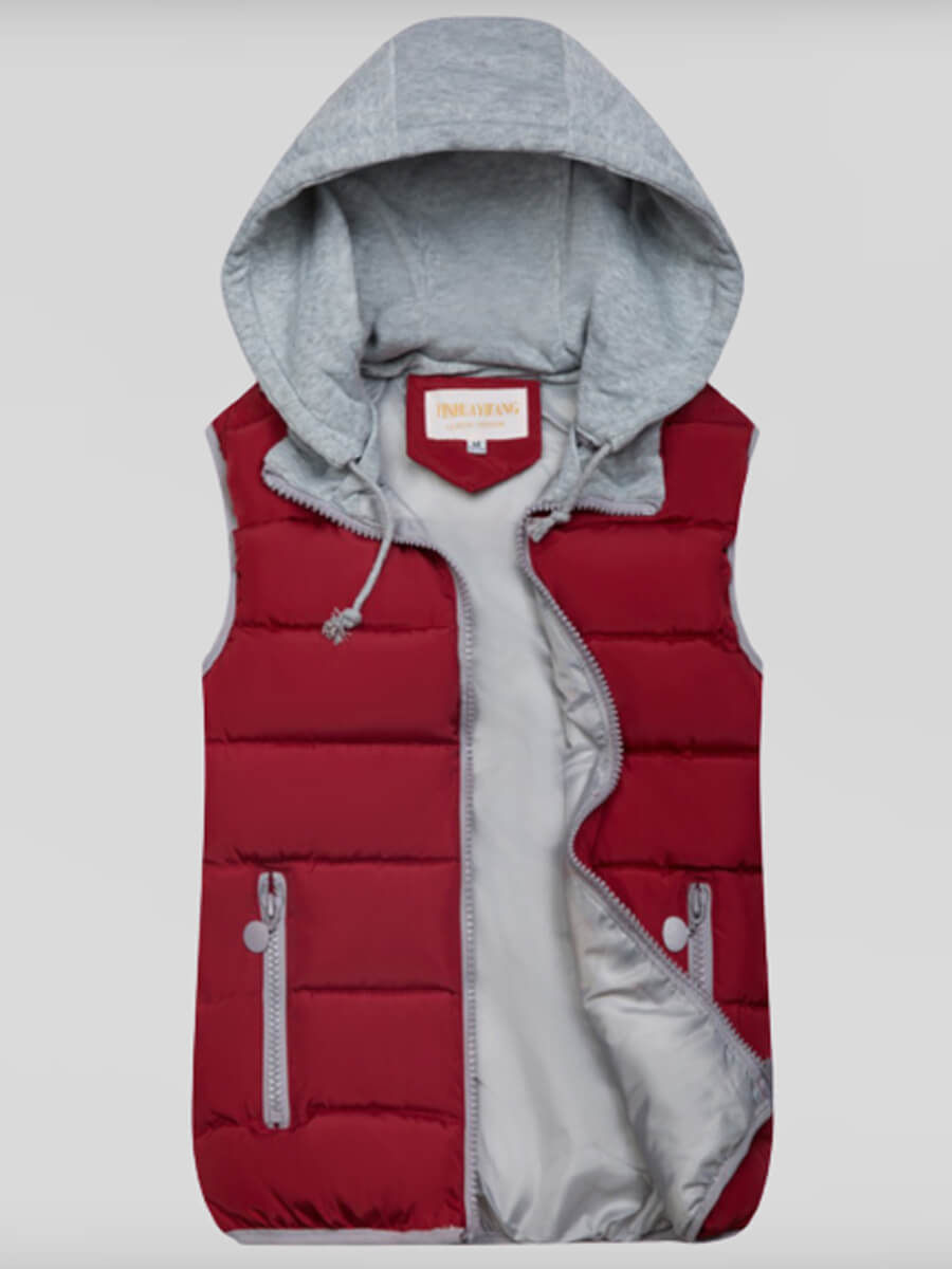 

Lovely Casual Hooded Collar Patchwork Wine Red Waistcoat