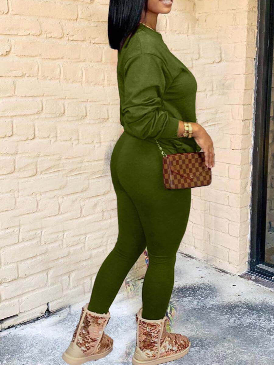 Lovely Casual O Neck Basic Skinny Green Two Piece Pants Set