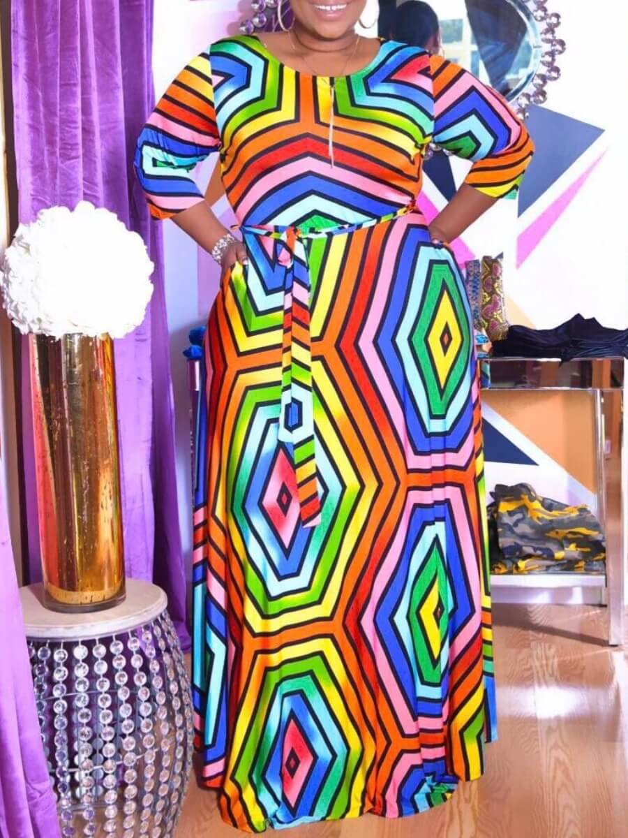 

Lovely Casual Rainbow Striped Multicolor Maxi Plus Size Dress, Multi