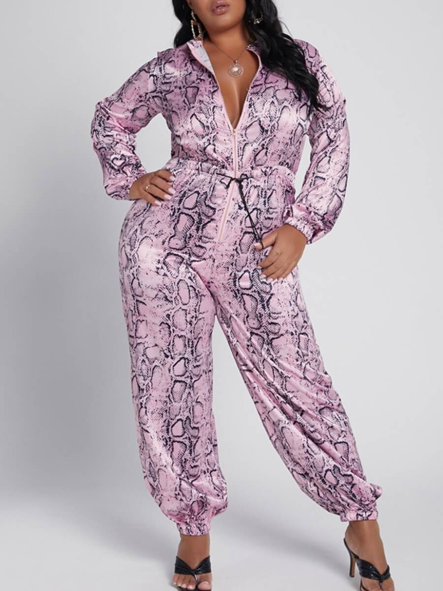 

Lovely Stylish Snakeskin Print Zipper Design Pink Plus Size One-piece Jumpsuit