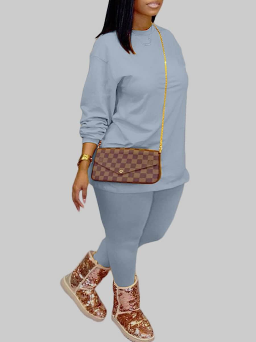 

Lovely Plus Size Casual O Neck Basic Baby Blue Two-piece Pants Set