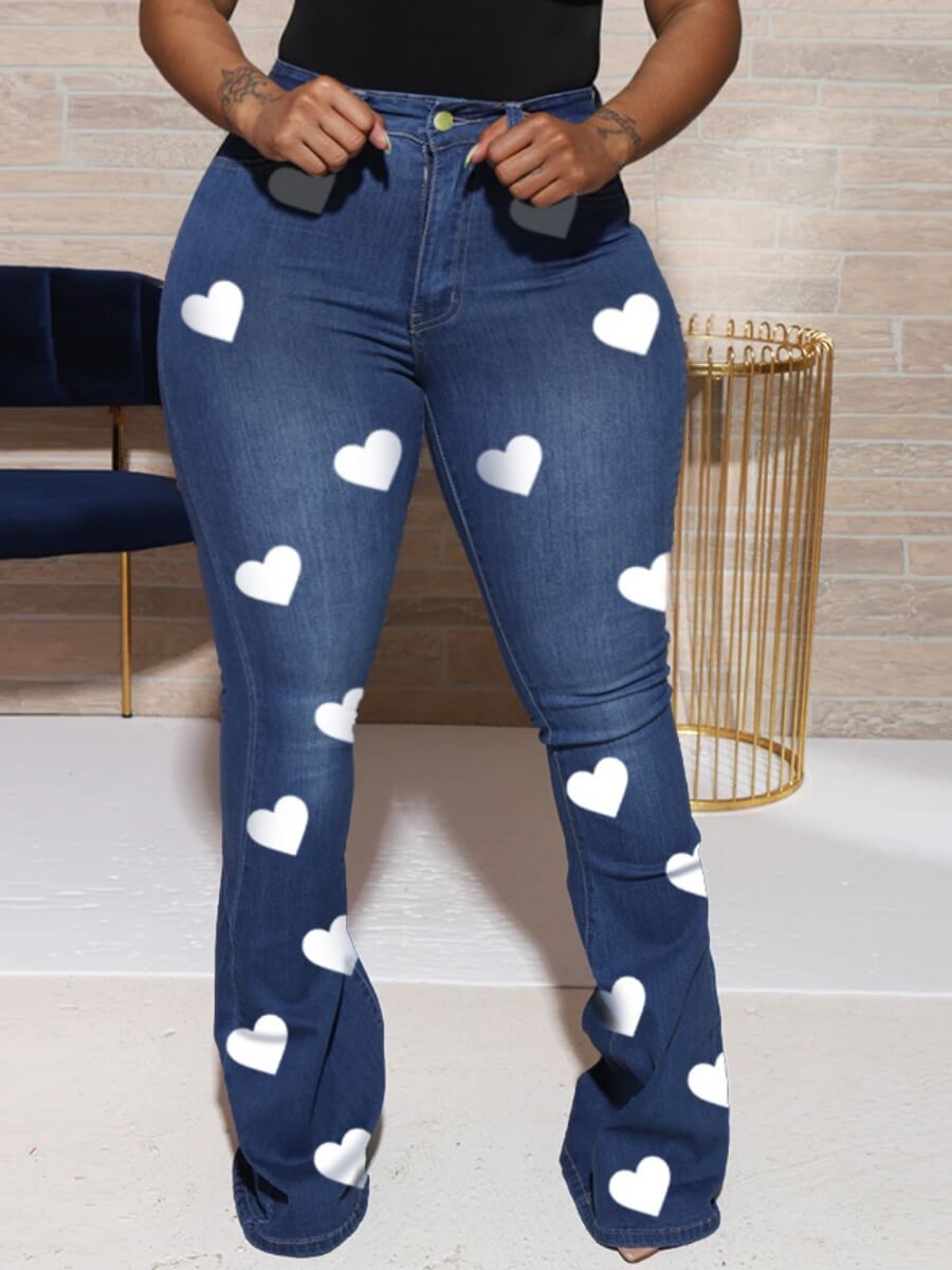 

Lovely Casual Heart Print Blue Plus Size Jeans