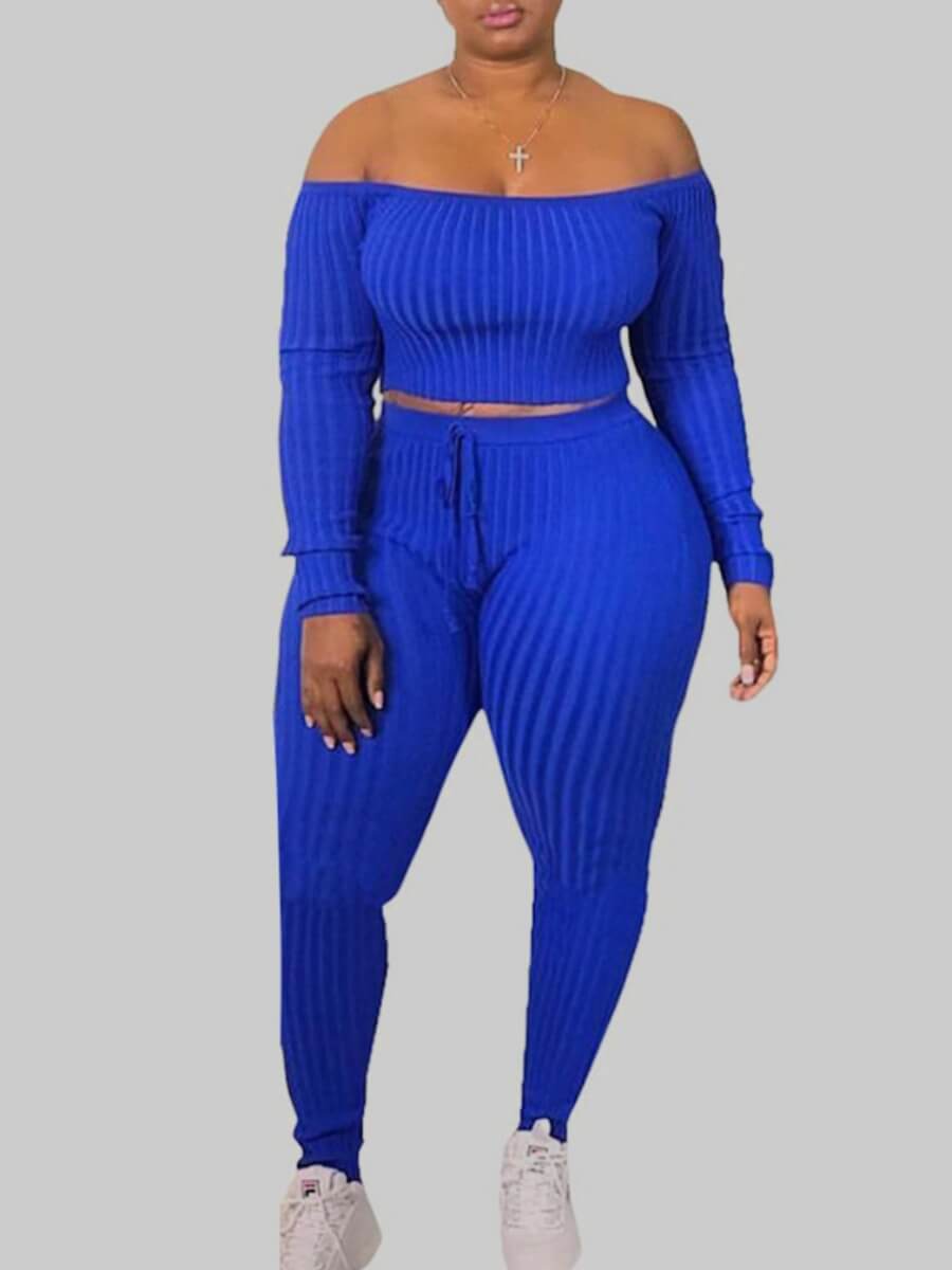 

LW Plus Size Off The Shoulder Drawstring Pants Set, Blue