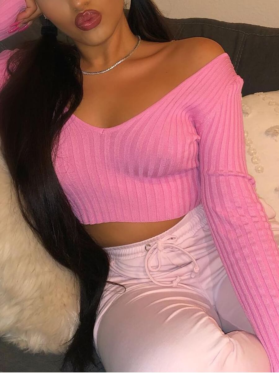 

Lovely Casual V Neck Striped Rose Red Sweater