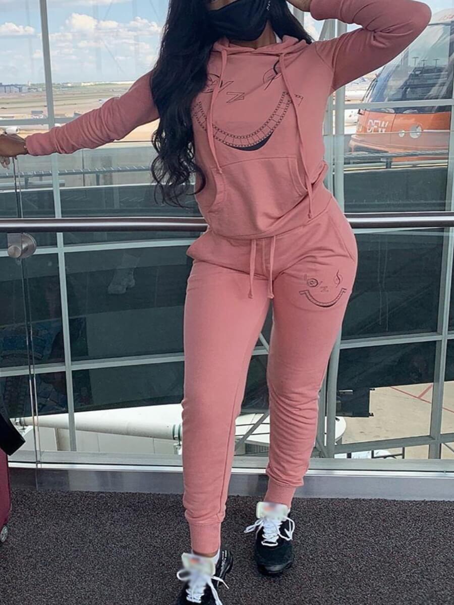 

Lovely Casual Hooded Collar Print Pink Two Piece Pants Set