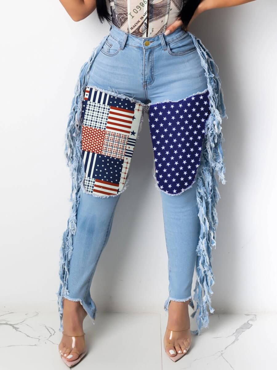 

Lovely Street Patchwork Tassel Design Baby Blue Jeans