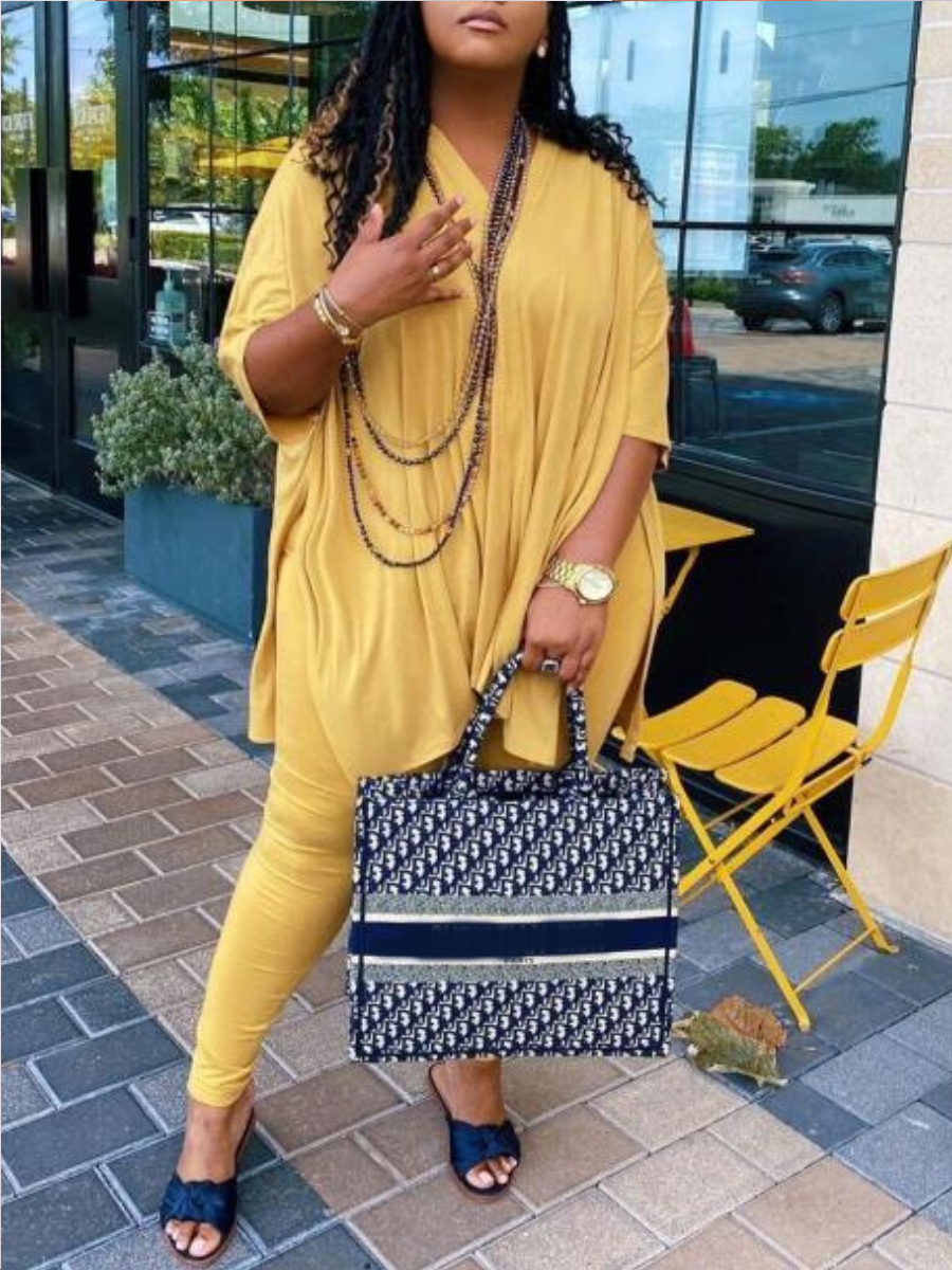 

Lovely Casual V Neck Side Slit Loose Yellow Plus Size Two-piece Pants Set