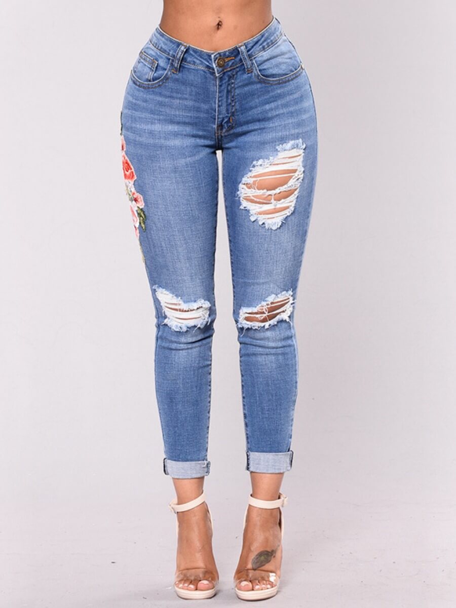 

Lovely Street Hollow-out Deep Blue Jeans