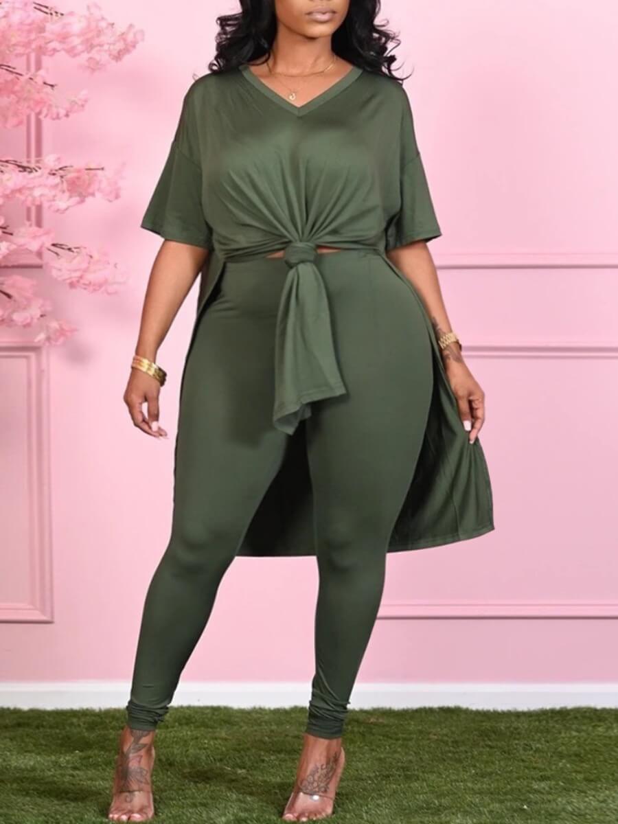 

Lovely Casual V Neck Side Slit Loose Green Plus Size Two-piece Pants Set