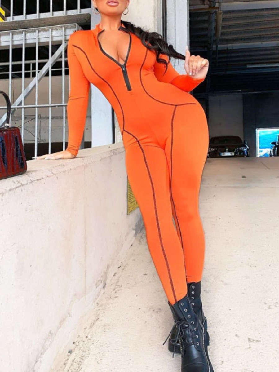 

Lovely Sportswear Turndown Collar Patchwork Orange One-piece Jumpsuit