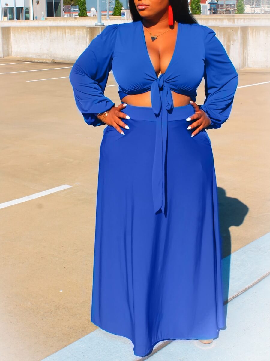 

Lovely Casual V Neck Knot Design Blue Plus Size Two-piece Skirt Set