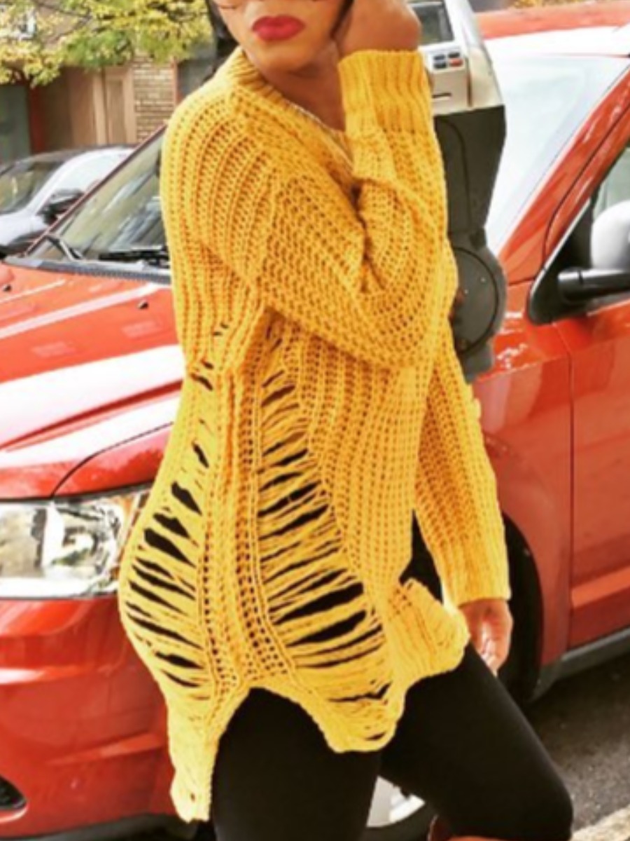 

lovely Street O Neck Broken Holes Yellow Sweater